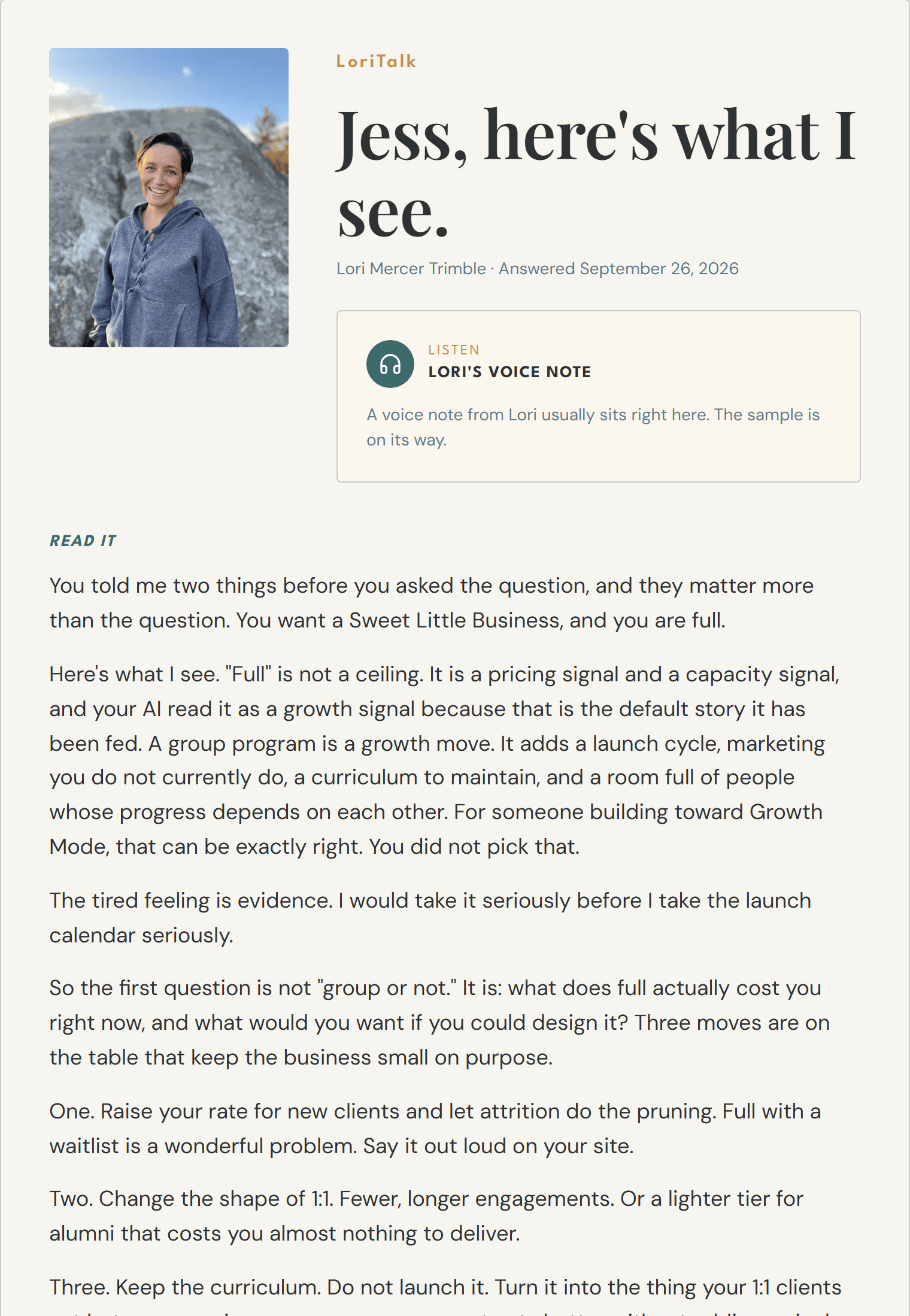 The response page: Lori's photo, her voice note, her written answer, and the question that was asked, side by side.